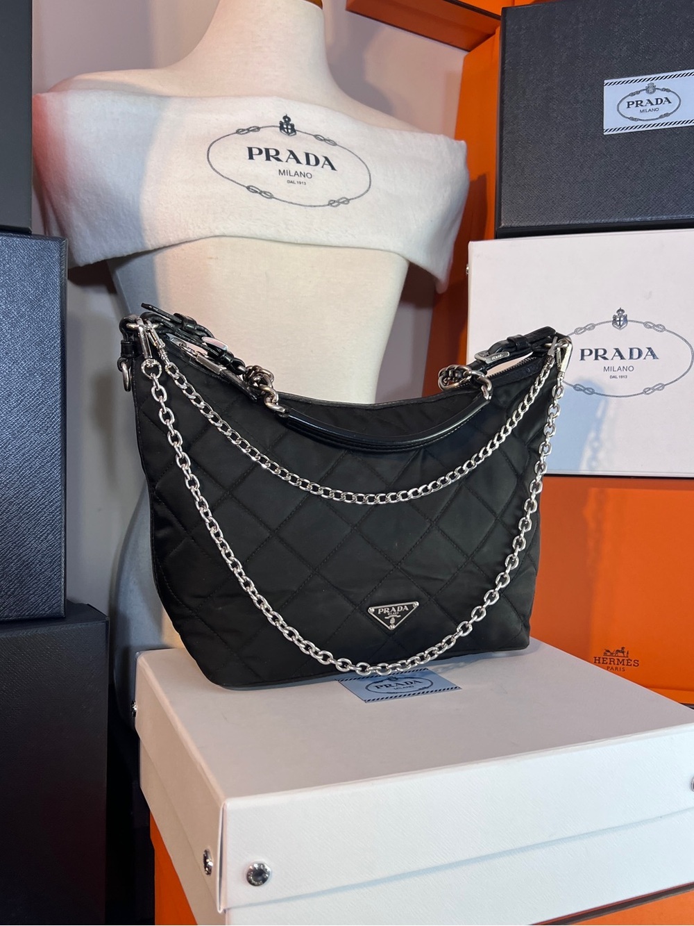 Prada⭐️Black Quilted Shoulder Bag with Silver chains inc!⭐️Offers welcome!